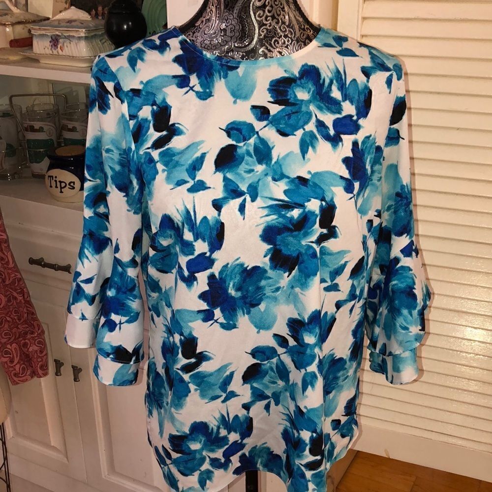 Karl Lagerfeld Parisian Ruffled Bell Sleeve Blouse in Dreamy Blue Floral.